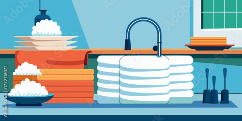 Stack of colorful cotton dishcloths near kitchen sink with dishes  