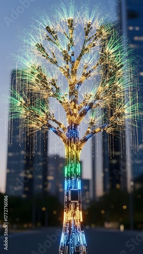 A stunning digital tree stands tall, adorned with vibrant lights that shimmer in the evening sky. The futuristic design contrasts beautifully with modern skyscrapers in the backdrop
