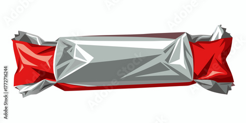 Wrapped candy in red and silver foil packaging on white background  