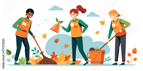 Three volunteers raking leaves and cleaning up yard in autumn  