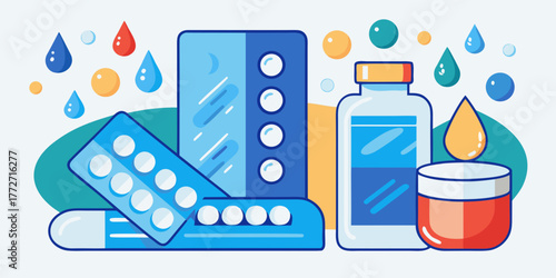 Medicine bottles and tablets on colorful abstract background  