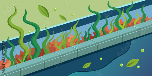 Algae growth in gutter with green leaves and blue water surface  