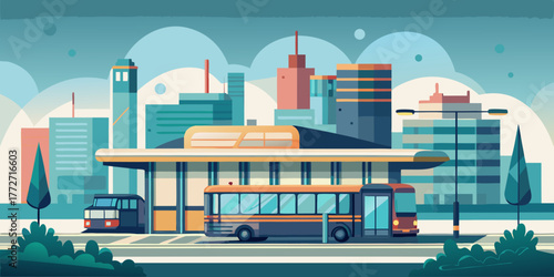 Modern bus terminal surrounded by city skyline and trees  