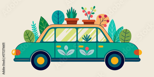 Car decorated with potted plants and green leaves on the roof  