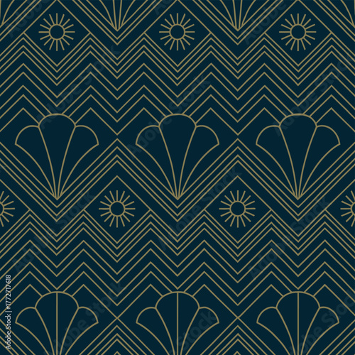 Elegant art deco pattern with geometric shapes and floral elements in a seamless repeat design