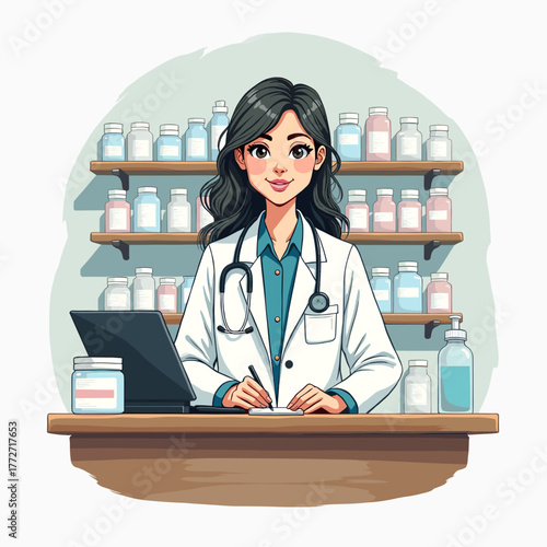 Female pharmacist working at counter with medications in pharmacy  