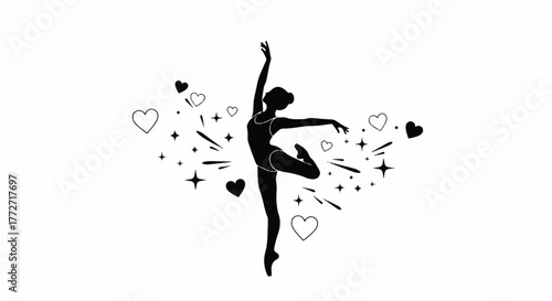 Ballerina silhouette with hearts and sparkles.