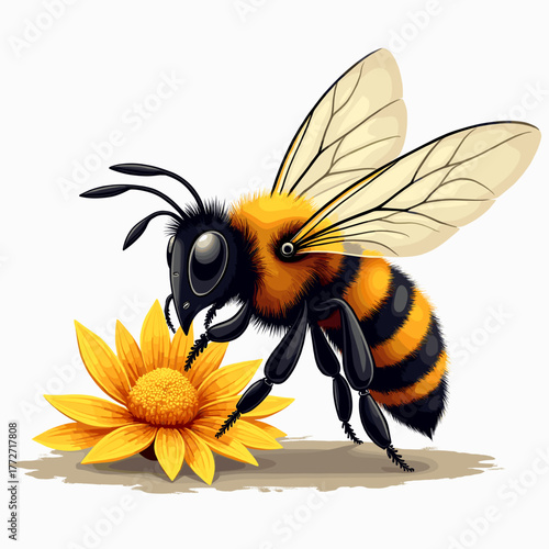 Bee collecting nectar from yellow flower in natural setting  