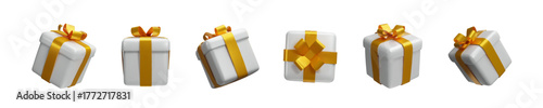 Three-dimensional set of white gift box with gold ribbon isolated on white background. Realistic 3D festive Christmas package, birthday, anniversary celebration, holiday design, promo templates.