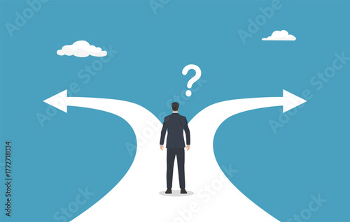 Concept of decision making and choices success in the future goal, businessman looking the route with sign fail or success