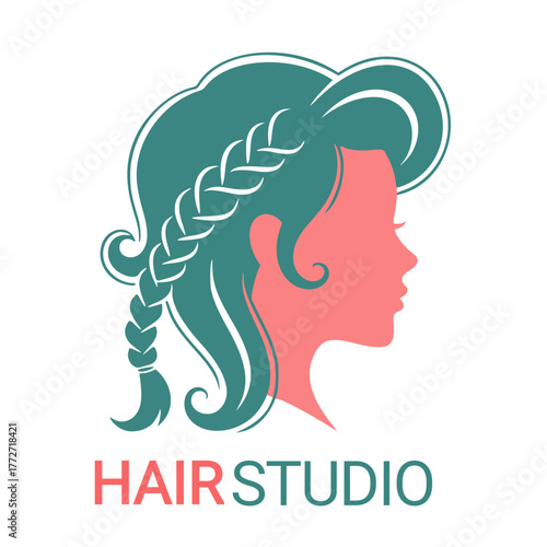 Logo design Silhouette of a woman's profile in coral pink with a teal braided hairstyle