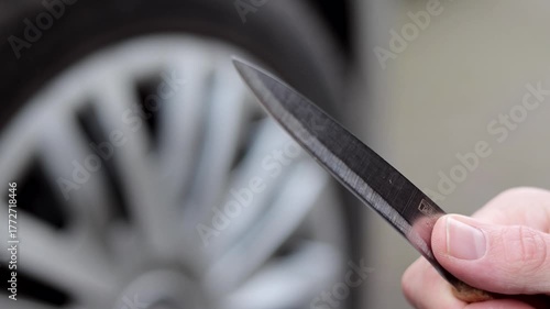 Close up of woman holds a knife in her hand near a car wheel. Slashing into a car tire.