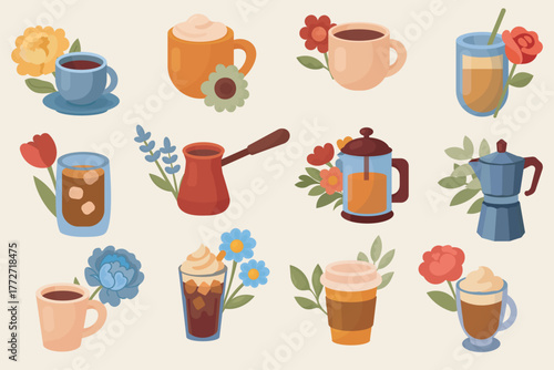 Coffee Drinks & Floral Icon Set