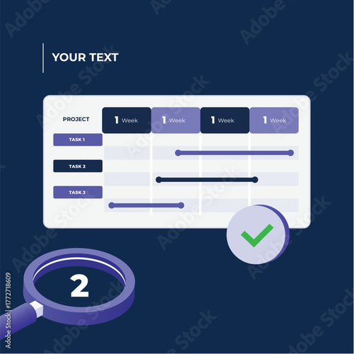 Isometric project planning and task management concept with magnifying glass and progress chart