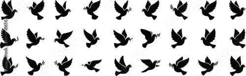 Collection of black silhouette bird flying motion sequence frames for animation creating peaceful avian movement concept silhouette