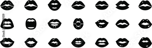 Collection of diverse human lips in various expressive shapes and formations captured in a grid layout ideal for beauty and communication concepts silhouette