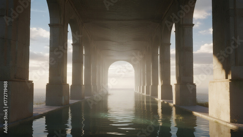 cinematic realistic image of a mirrored hallway reflecting the sky and clouds infinitely