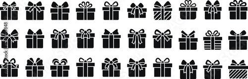 Collection of various gift box icons with ribbons and bows representing celebration surprise and giving presents for holidays and special occasions silhouette