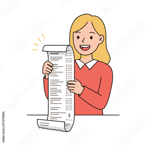 Happy woman holding long shopping receipt after successful purchase.