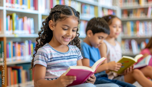 Smiling diverse children sitting in a row, happily reading colorful books in a school library, symbolizing group learning and literacy.