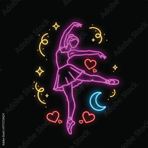 Pink neon ballerina with hearts and moon on a black background.