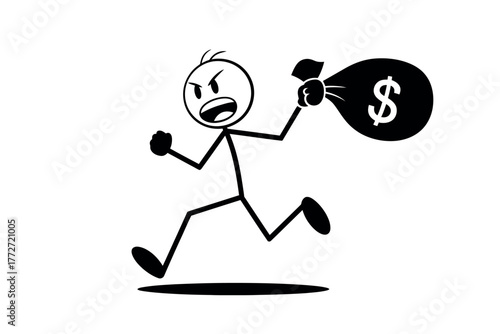 A stick figure is running with a bag of money.