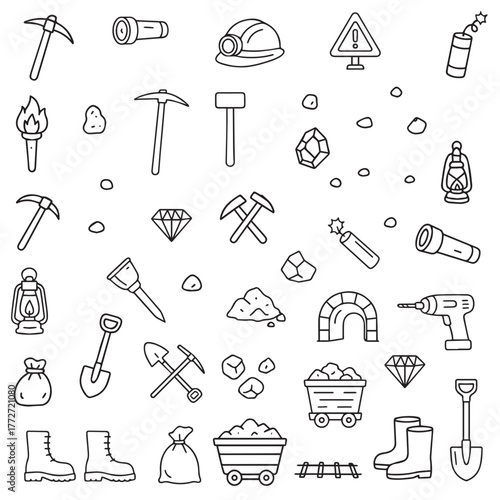 Mining industry icons. Doodle style set. Design of signs for web page, mobile app, packaging design. Vector illustration