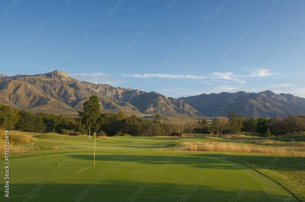 Fototapeta premium Breathtaking panorama of a golf course nestled among towering peaks under a bright, cloudless sky, highlighting the peaceful and scenic landscape ideal for golfing.