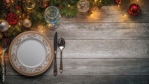 Festive dining arrangement featuring an unoccupied plate, utensils, and seasonal decor on a rustic backdrop, suitable for holiday gatherings