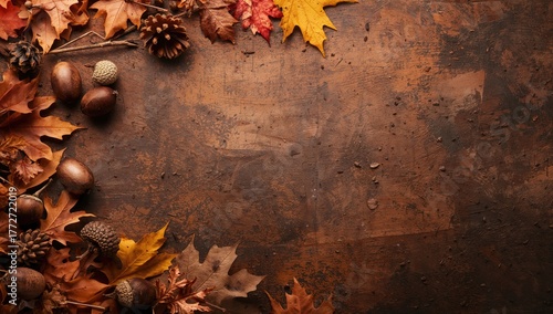 Autumn flat lay featuring diverse botanical elements like dry oak leaves and acorns, warm tones, Thanksgiving theme