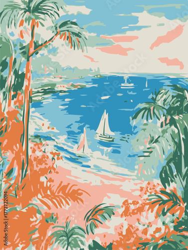 Beautiful tropical seamless pattern with hand drawn, paradise islands with mountains and palm trees on beaches with ocean and clouds in sky. Ready tropical print design.