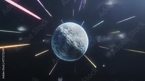 space environment close-up of icy nucleus, gas jets, dust, cosmos background