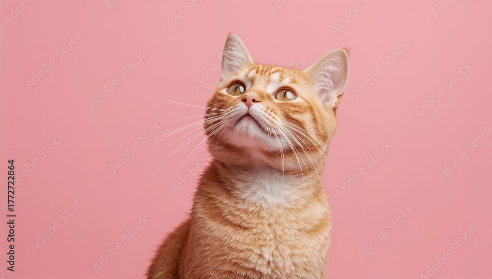 Fototapeta premium Adorable orange feline in a curious stance, vibrant pink backdrop, focus on texture and color