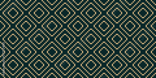 Vector geometric traditional ethnic ornament. Luxury Christmas seamless pattern. Green and gold winter ornament, folk motif. Simple background texture with squares, embroidery style. Repeated design
