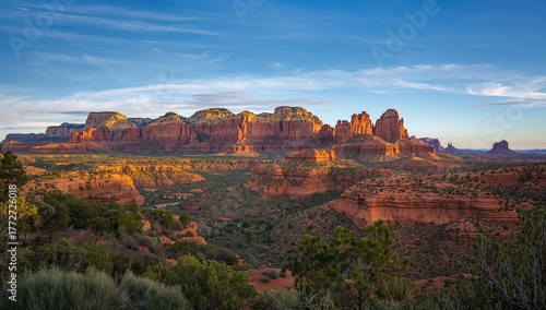 Scenic crimson cliffs in a desert wilderness, landscape, mountain exploration, stunning rock formations, outdoor adventure, nature capture, natural arches