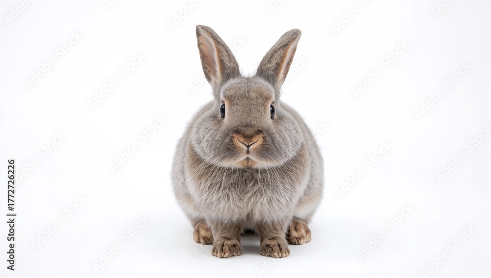 Fototapeta premium Adorable gray rabbit perched on a white surface, ideal for animal-themed content