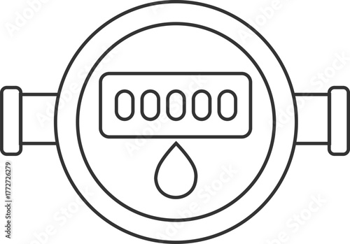 Minimalist water meter icon. Line art design with digital display and water drop symbol isolated on a transparent background