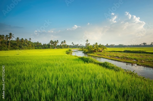 A rice paddy beside a narrow stream in a tropical region