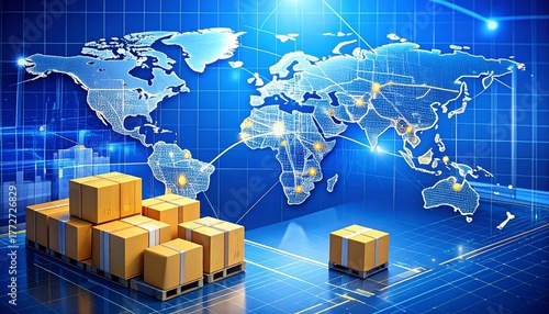 The image shows boxes on a pallet with a blue grid and world map, symbolizing global