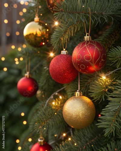 Close up view of decorated Christmas tree with baubles