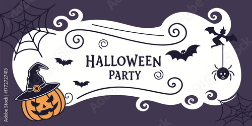 Halloween party banner with pumpkins bats skull and witch hat on purple background in flat style .