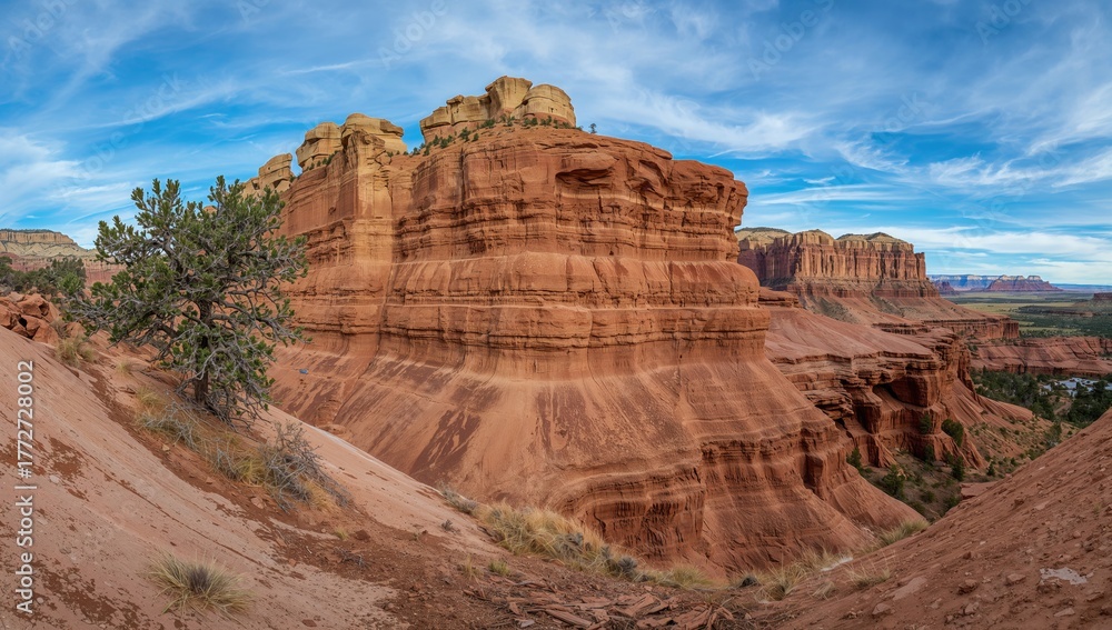 Fototapeta premium Eroded rock formations in a vast landscape, showcasing natural erosion risk