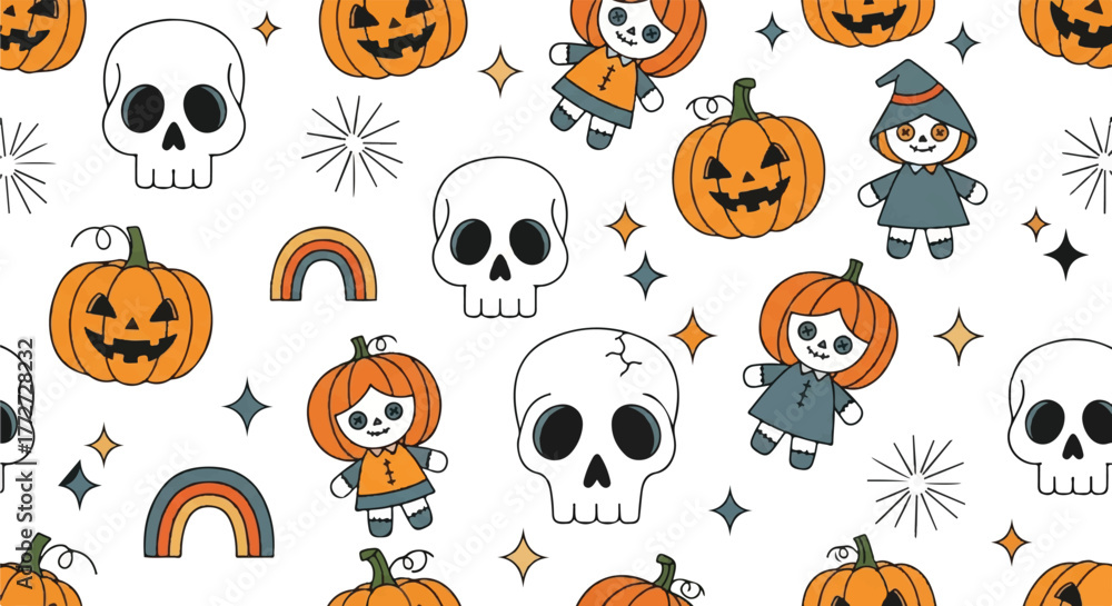 Fototapeta premium Spooky boho halloween seamless pattern with skulls, pumpkin doll..