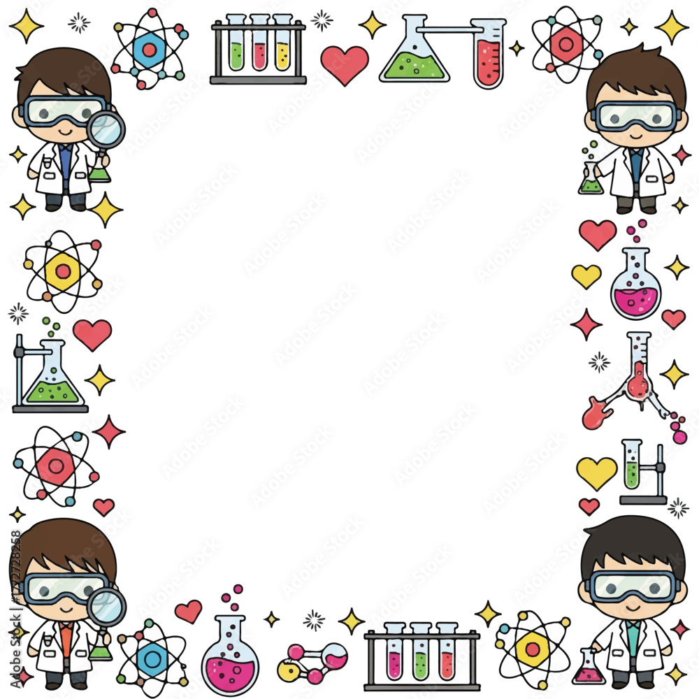 Fototapeta premium Cute science frame with cartoon scientists and lab equipment.