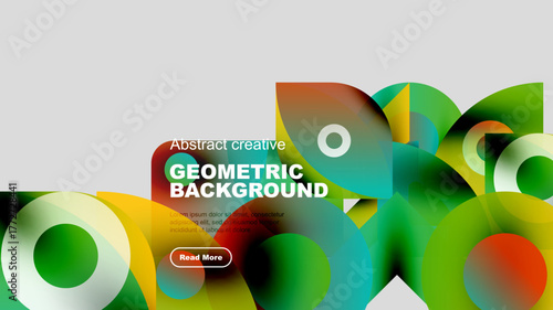 Abstract geometric background features vibrant overlapping shapes. Text block includes sample content, plus button. Modern design elements present.