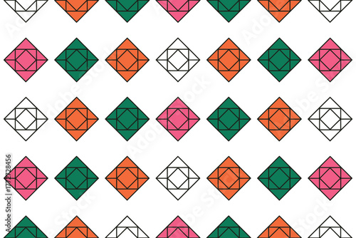 A repeating pattern of colored diamonds on a white background forms a geometric background.
