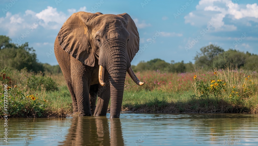 Fototapeta premium Elephant nearing a water source with its mirrored image