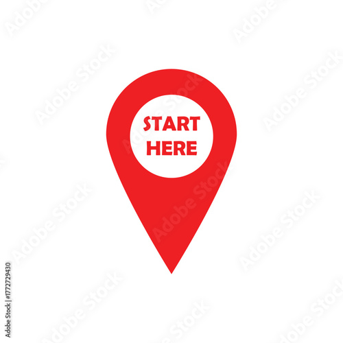 Free Download Red location pin icon with text “Start Here” in the center. Simple vector design symbolizing beginning, navigation, direction, map marker, and starting point concept for travel or digital use. - GFXLoad
