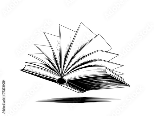 Vecter illustration  illustration of an open book with pages fanned out, casting a shadow on a white background in black ink style silhouette