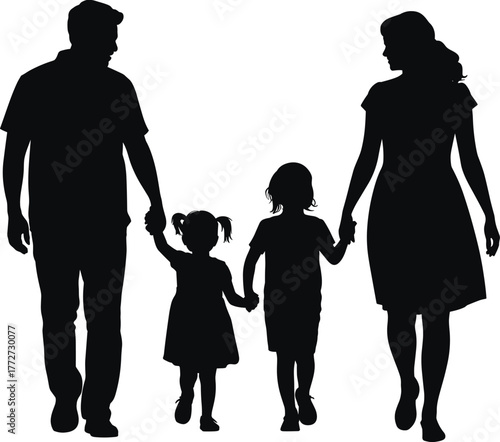 Black and white silhouette illustration of family walking together holding hands, parents with children, happy family unity concept